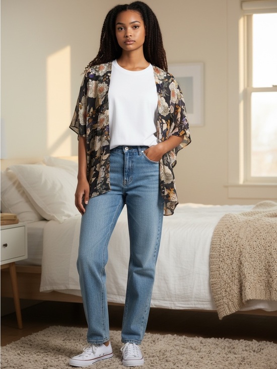 Janetchung Denim - Janetchung Satin Floral Open Blouse Topper S